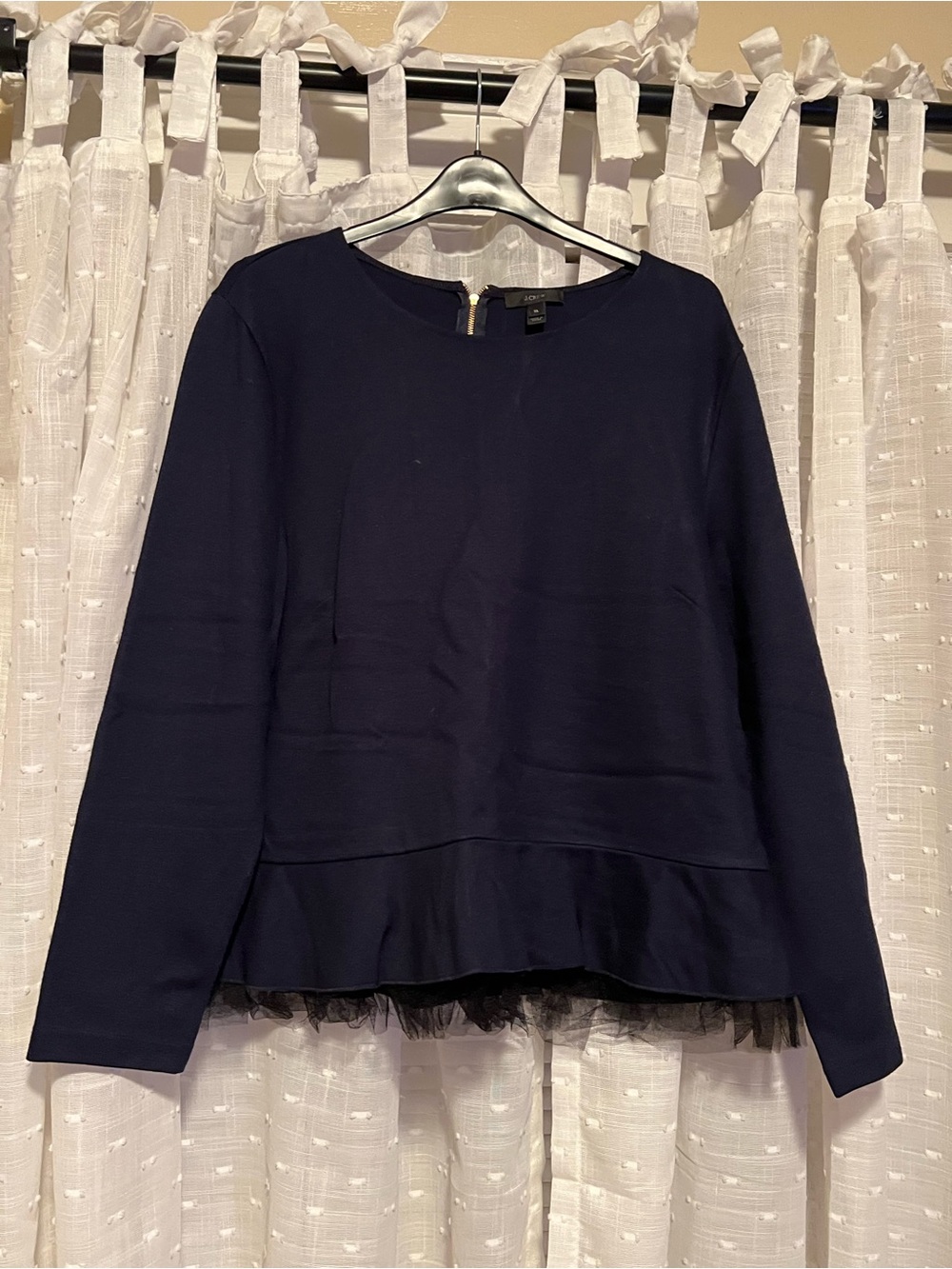 J. Crew Navy Long-Sleeve Peplum Sweatshirt with Tulle Trim